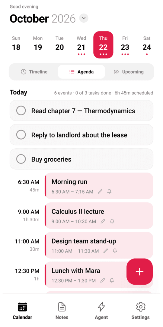 Agenda view listing today's tasks and events