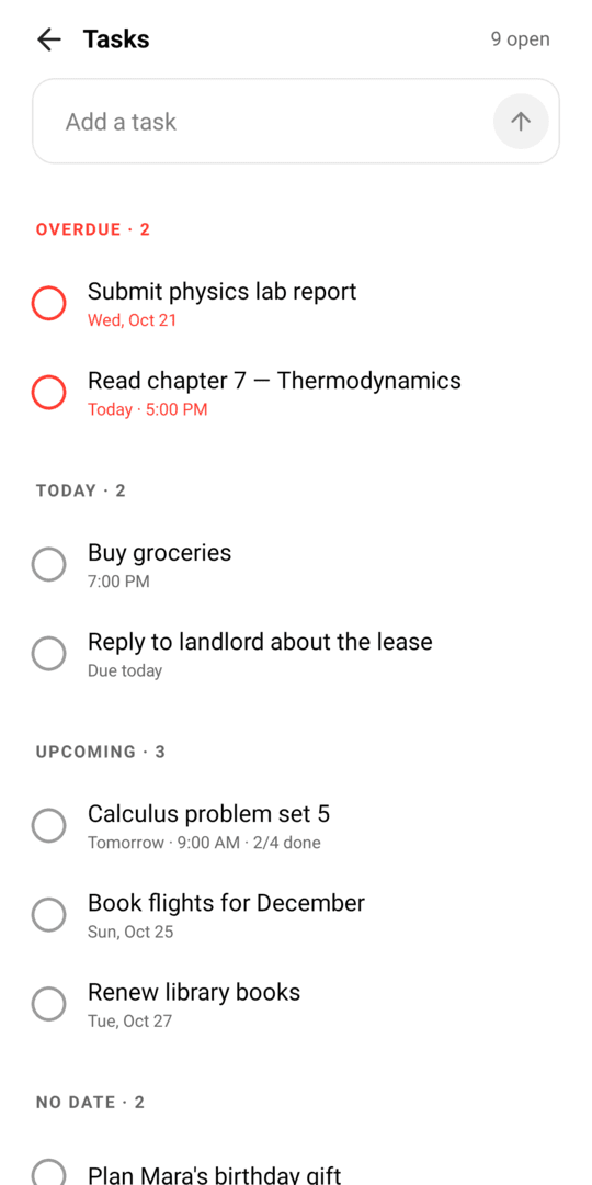 Tasks grouped into Overdue, Today and Upcoming
