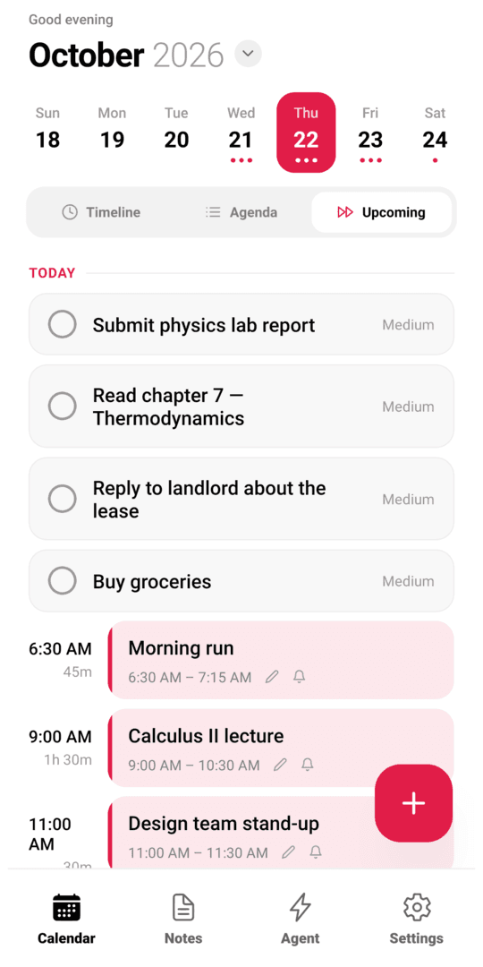 Upcoming view with tasks and the next events