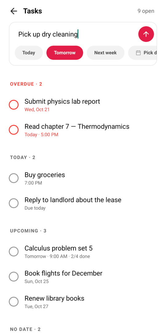 Adding a task with Today, Tomorrow and Next week chips