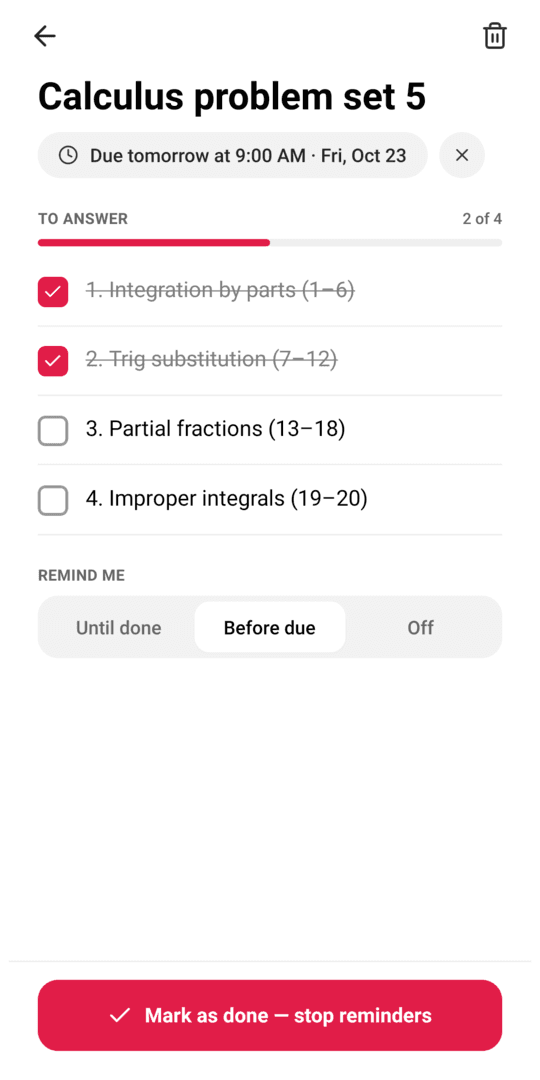 A checklist task with progress and reminder settings