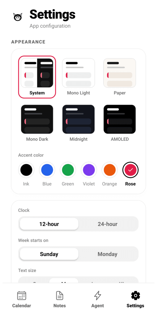 Theme and accent colour settings
